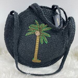 Wicker Tropical Palm Tree round bag black with hand & shoulder handle st…